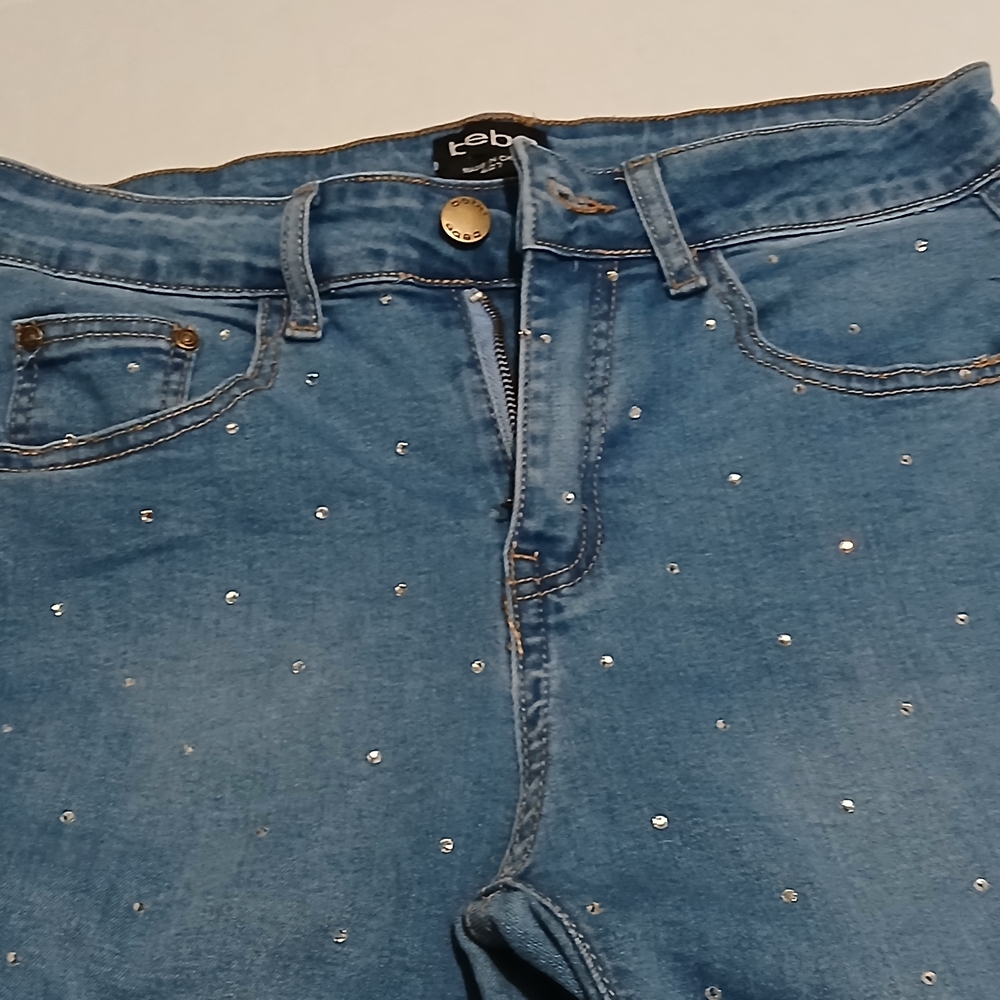 Bebe Woman's Straight Leg Mid Rise Jeans Rhinestone Size 27 Blue Denim Jeans #5A - Picture 9 of 16